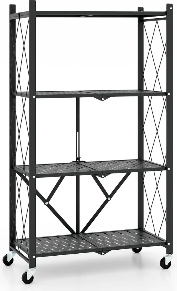 Estante dobrável de 4 níveis com rodas metálica organizadora para cozinha, sala de estar, oficina, garagem Preto