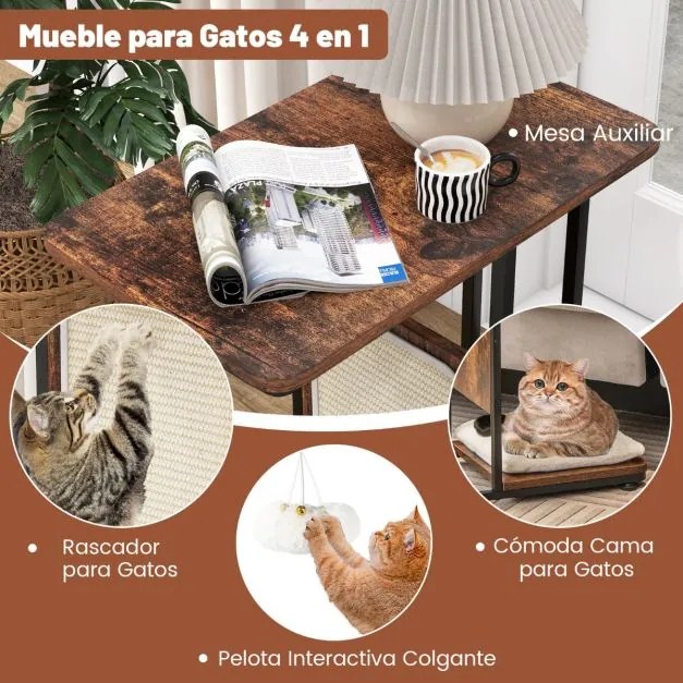 Arranhador para gatos com mesa de apoio em forma de C com tábua de arranhar Almofada amovível lavável Brinquedo pendurado 50 x 30 x 64 cm Castanho