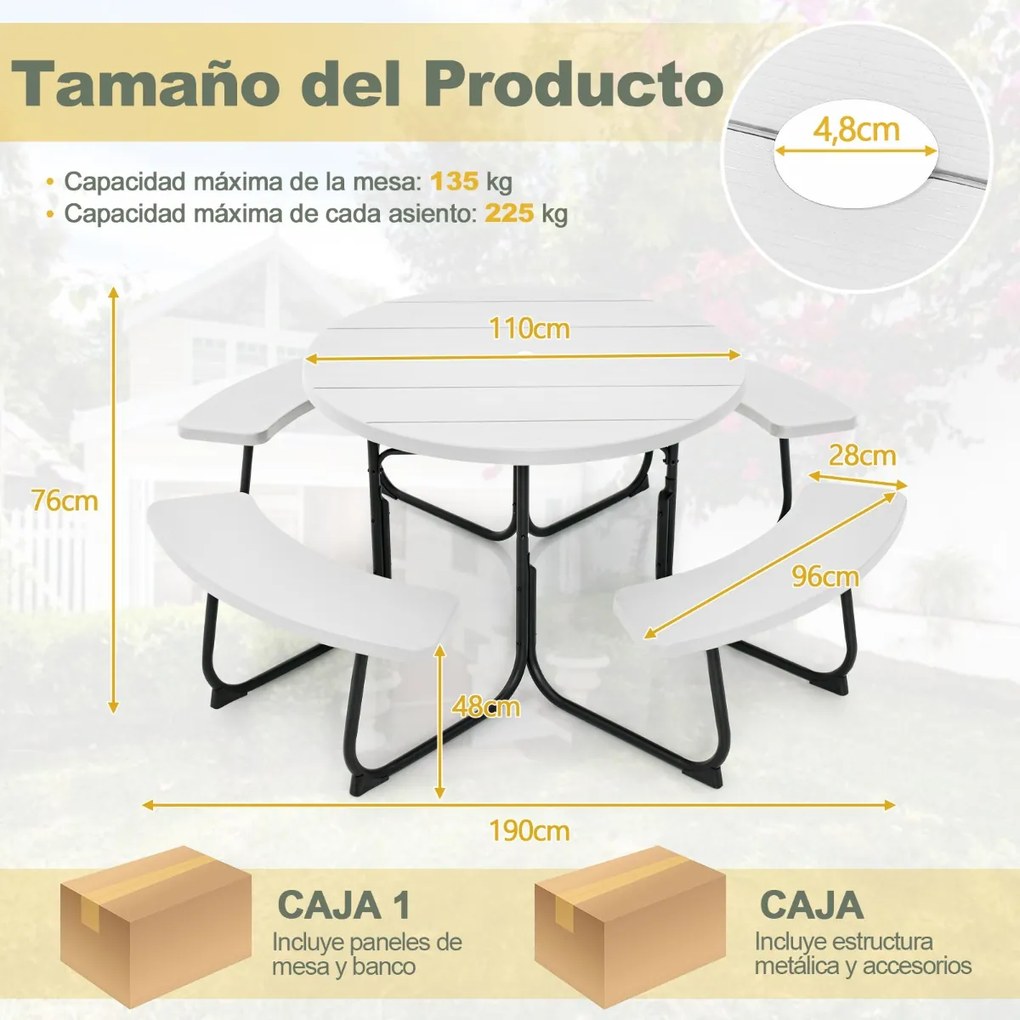 Conjunto de jardim para 8 pessoas com mesa e 4 bancos, orifício para guarda-sol e mesa de campismo redonda para piquenique no jardim Carga 225 kg Bran