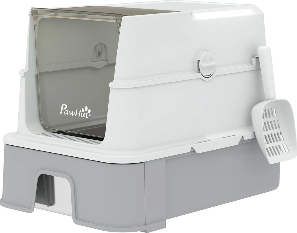PawHut Caixa sanitária em aço inox com tampa, caixa de areia XL com pá, bandeja deslizante, laterais altas, fácil de limpar, cinza | Aosom Portugal