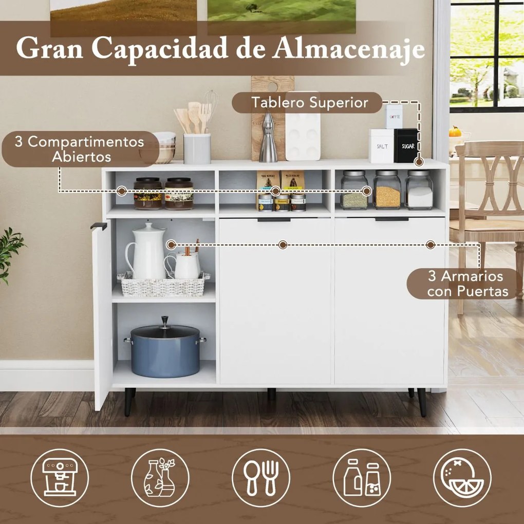Aparador Buffet de cozinha 120 x 40 x 90 cm com estantes ajustáveis Armário bar com 3 compartimentos e portas para sala de jantar Branco