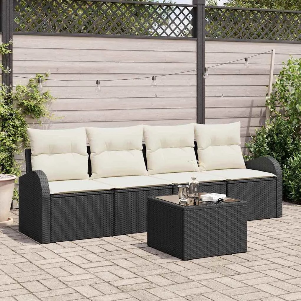 vidaXL Conjunto de Sofá de Jardim com 5 Peças e Almofadas Pretas em Rattan Poly