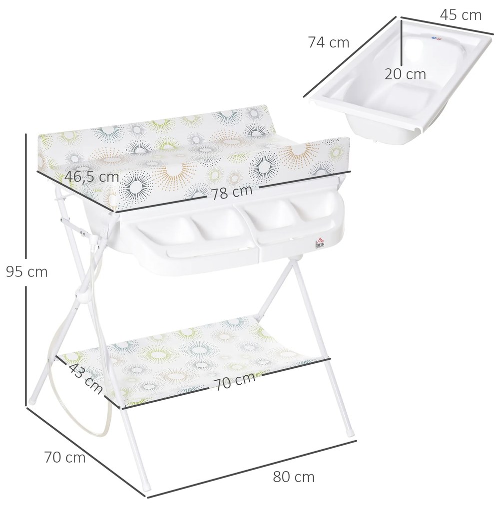HOMCOM Banheira e Trocador de Fraldas 2 em 1 para Bebés 0-12 Meses Banheira Dobrável com Múltiples Espaços de Armazenamento e Prateleira Inferior Carga máx. 15kg 80x70x95cm Branco