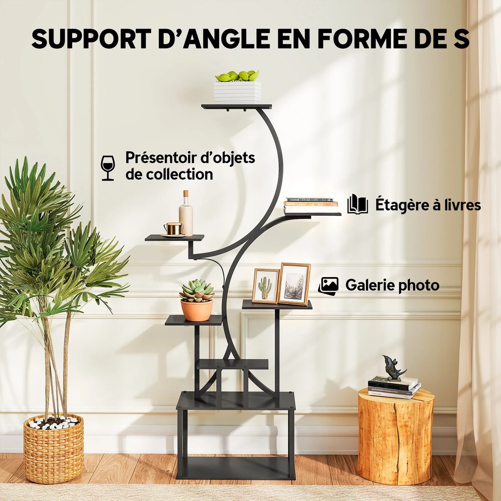 Estante para flores em metal com 8 níveis, estante para plantas em forma de S com 158,5 cm, para interior e exterior, preta