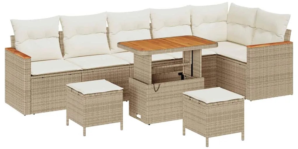 Conjunto de Sofás de Jardim 9 Peças com Almofadas Bege Rattan PE Acáci