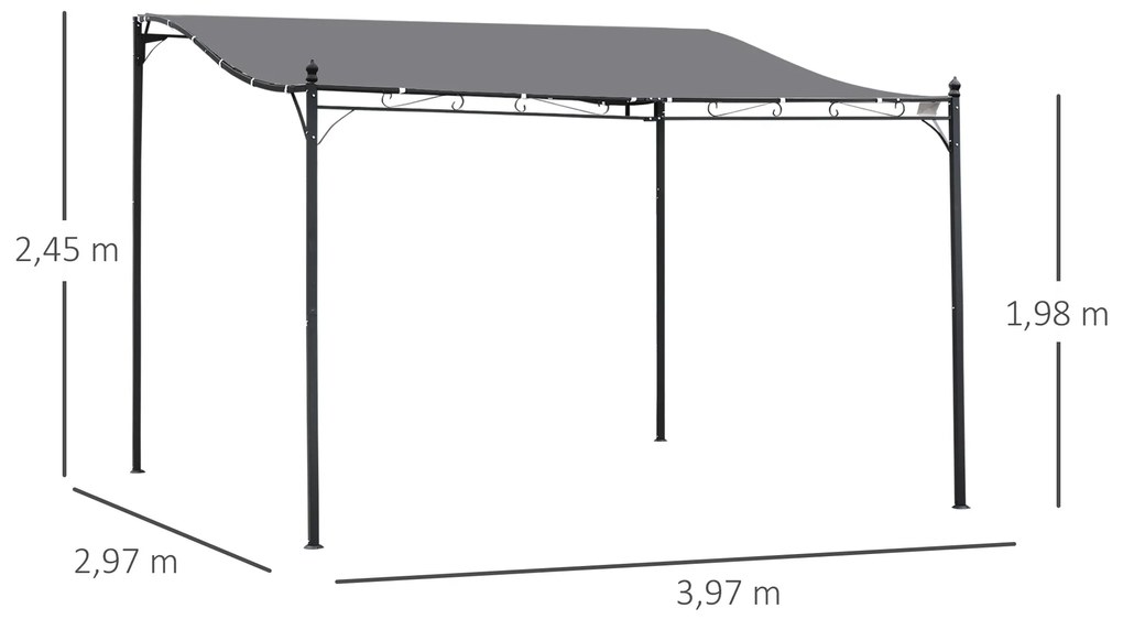 Pérgola de Jardim 4x3m Pérgola Montada na Parede com 16 Orifícios de Drenagem Metal e Poliéster 180 g/m² Resistente Cinza