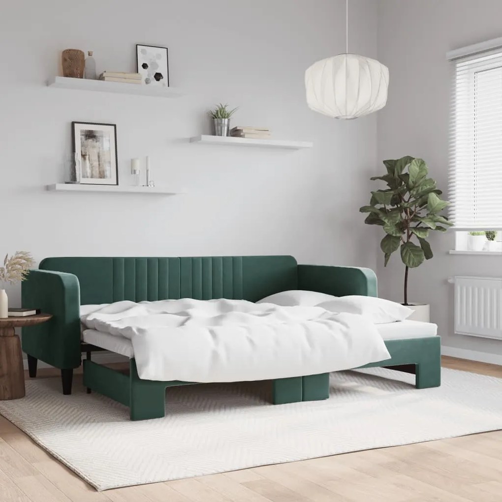 vidaXL Sofá-cama com gavetão 80x200 cm veludo verde-escuro