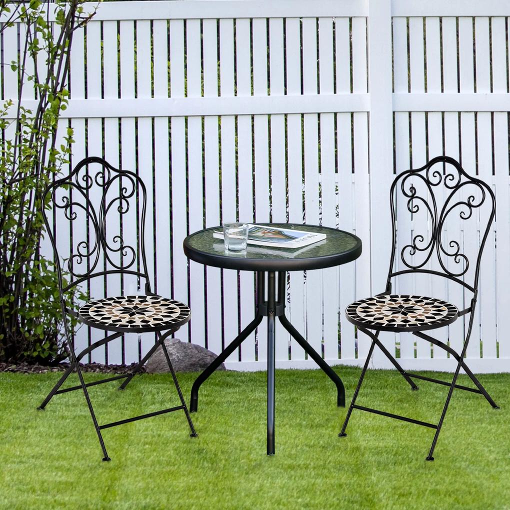 Conjunto de 2 Cadeiras Dobráveis de Mosaico Cadeiras de Jardim com Assento de Cerâmica e Estrutura de Metal Carga Máxima 120kg para Terraço Pátio Exte