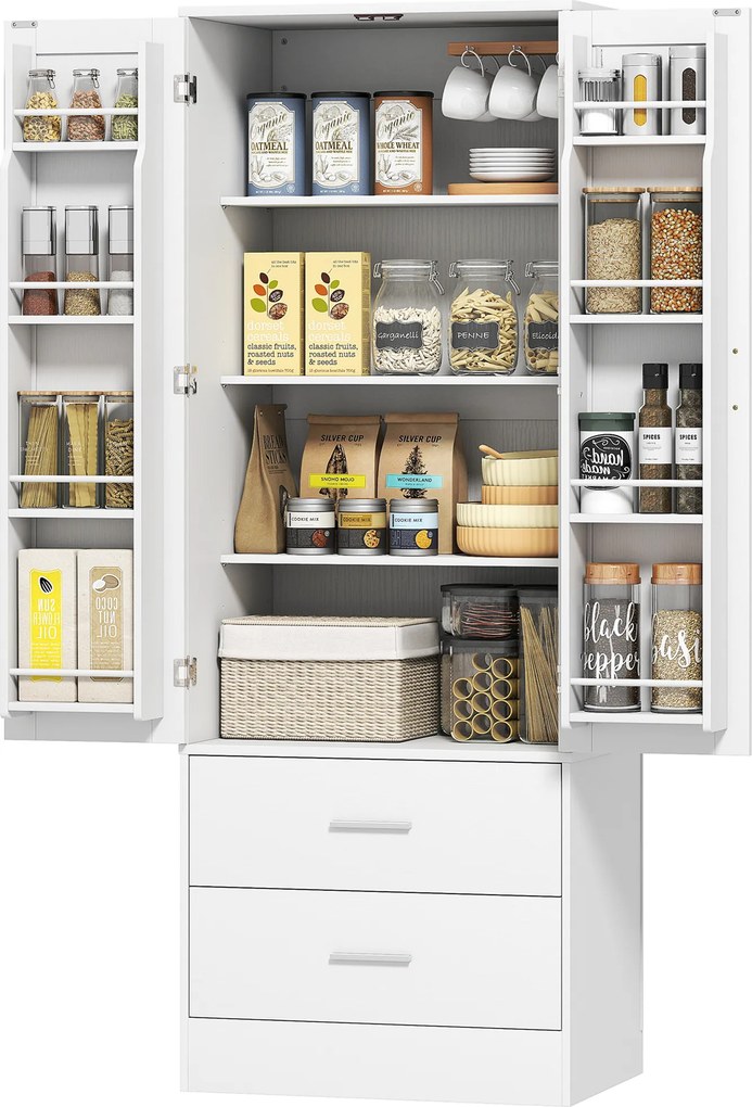Armário alto de cozinha 60 x 40 x 159 cm com2 portas, 8 suportes para especiarias, 2 gavetas, prateleiras ajustáveis, , branco