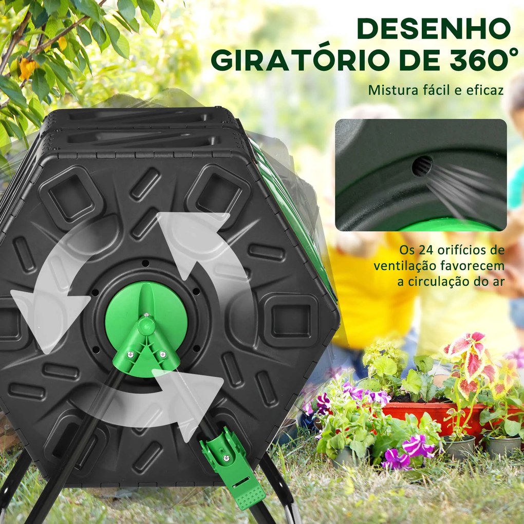 Compostor Giratório de 130L Recipiente de Compostagem de Jardim de Dupla Câmara com Aberturas de Ventilação 67x60x77 cm Preto e Verde