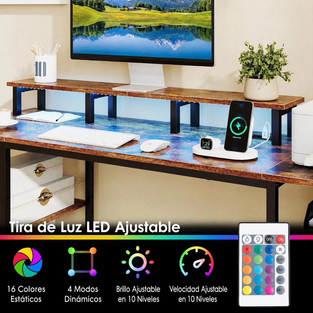 Secretária Gaming, 147,5 x 45,5 x 86 cm, Estação de Carregamento Integrada, Castanho