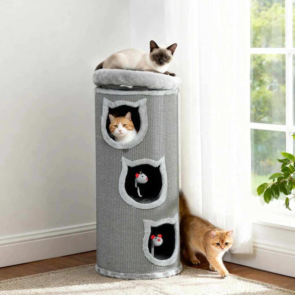 Barril Arranhador para Gatos, 38 x 38 x 96 cm, Três Níveis com Plataforma, Cinzento