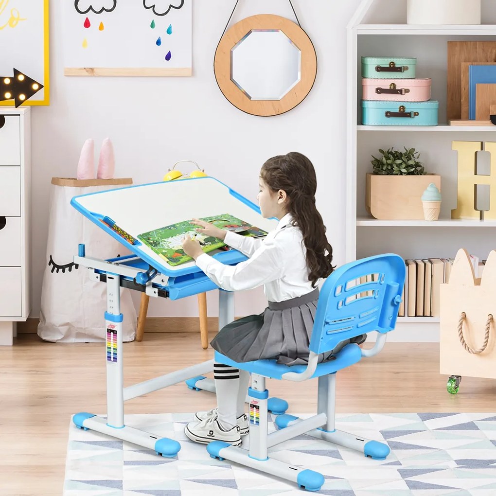 Secretária infantil com cadeira de leitura para crianças com altura ajustável e ângulo e gaveta 66 x 47 x (54 - 76) cm Azul