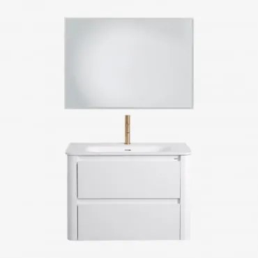 Conjunto De Móvel De Casa De Banho Suspenso Em Madeira Com Lavatório Integrado Egerton Branco & Led Retangular E Anti-embaciamento 100x70 Cm - Sklum