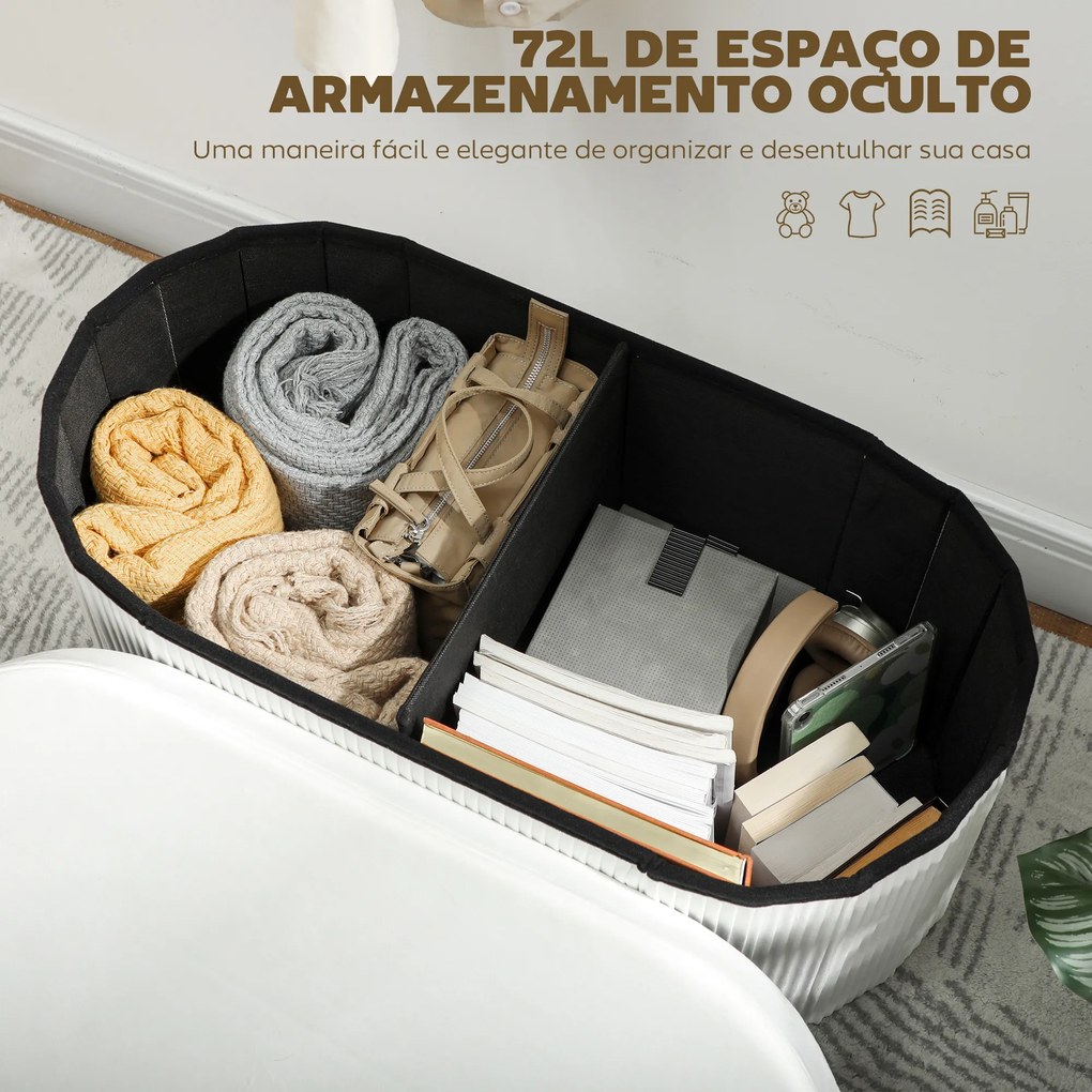 Puff de Arrumação 72 L 76x38x35 cm Estofado em Veludo Baú de Arrumação Suporta 120 kg Creme