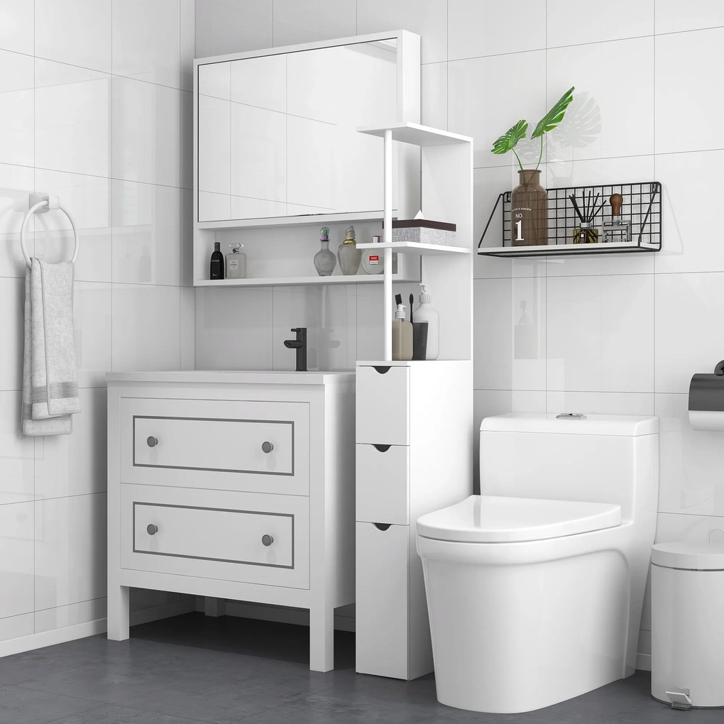 Móvel de coluna para casa de banho 15 x 33 x 136,5 cm, armário de casa de banho com gavetas e prateleiras abertas, branco