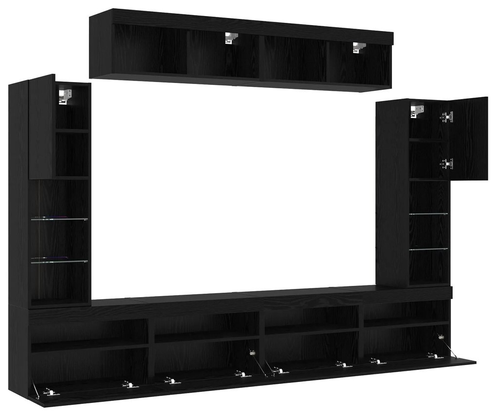 Unidade de TV com 8 Peças e LED Carvalho Preto em Madeira Projetada