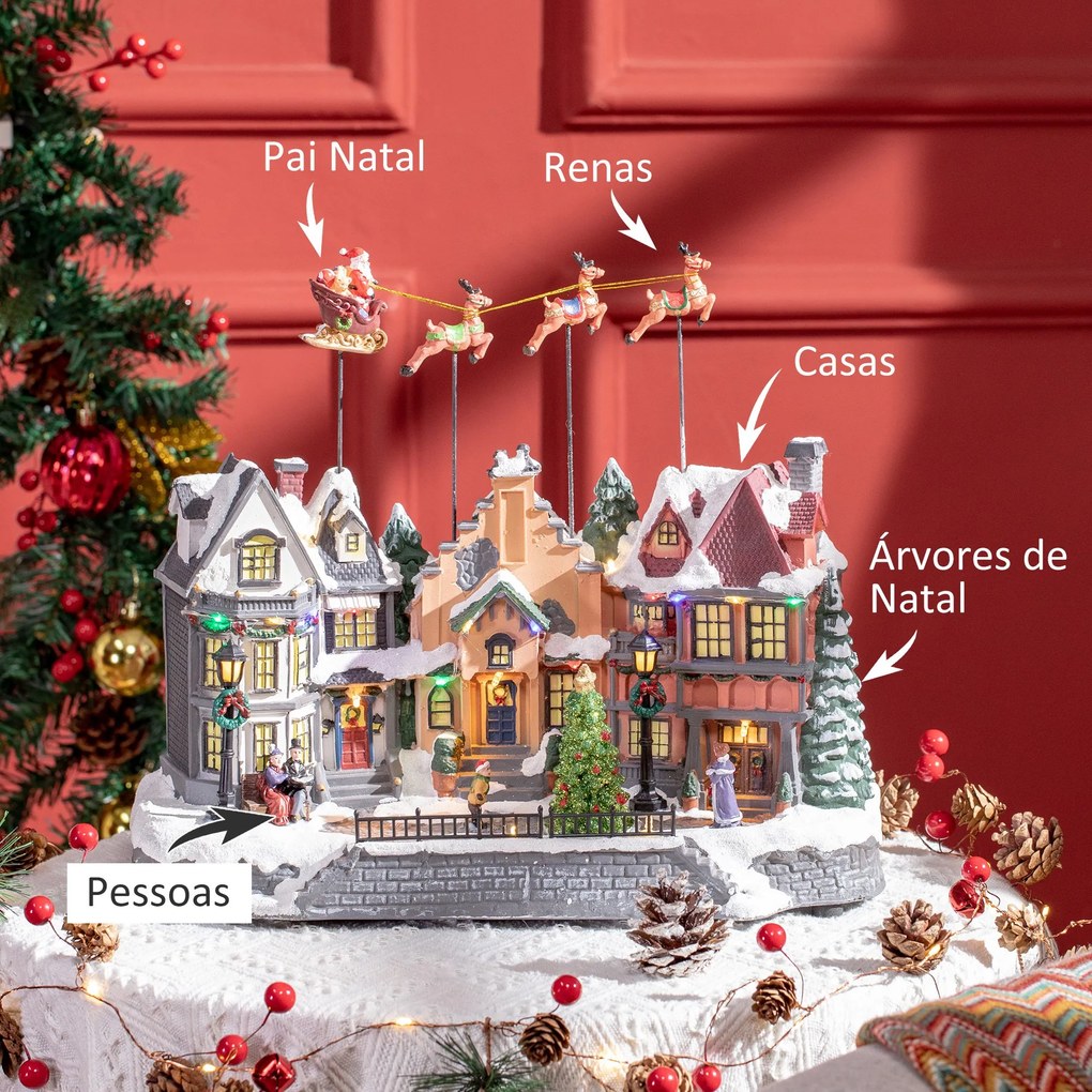 Cidade Natalícia Cena de Decoração Natalícia Iluminada com Luzes LED Árvore de Natal Pai Natal e Renos Decoração de Natal de Mesa 38,5x20,5x33cm Multi