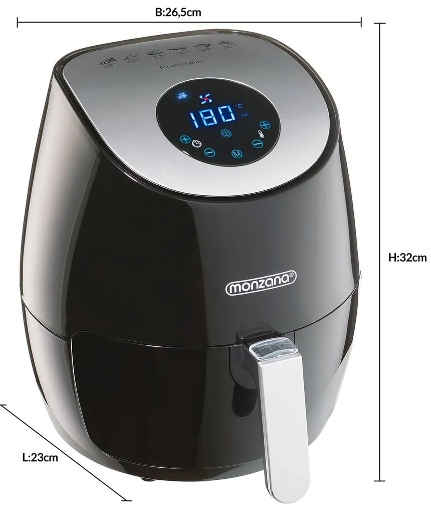 Fritadeira de ar quente 9 em 1 com ecrã tátil e 1500 W, 23 x 26,5 x 32 cm Preto + Prateado