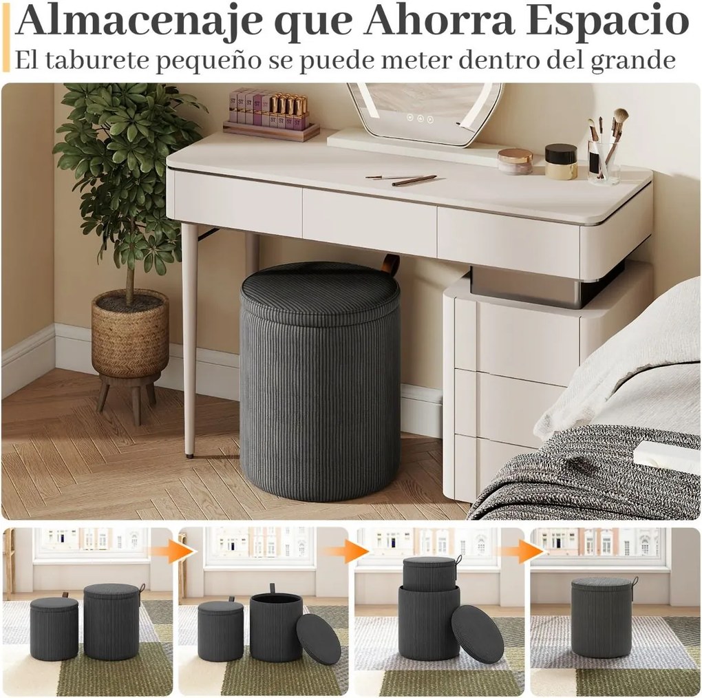 Conjunto de 2 pufes redondos com arrumação, bancos toucador estofados com tampos removíveis e assentos acolchoados, apoio para os pés multiusos Cinzen