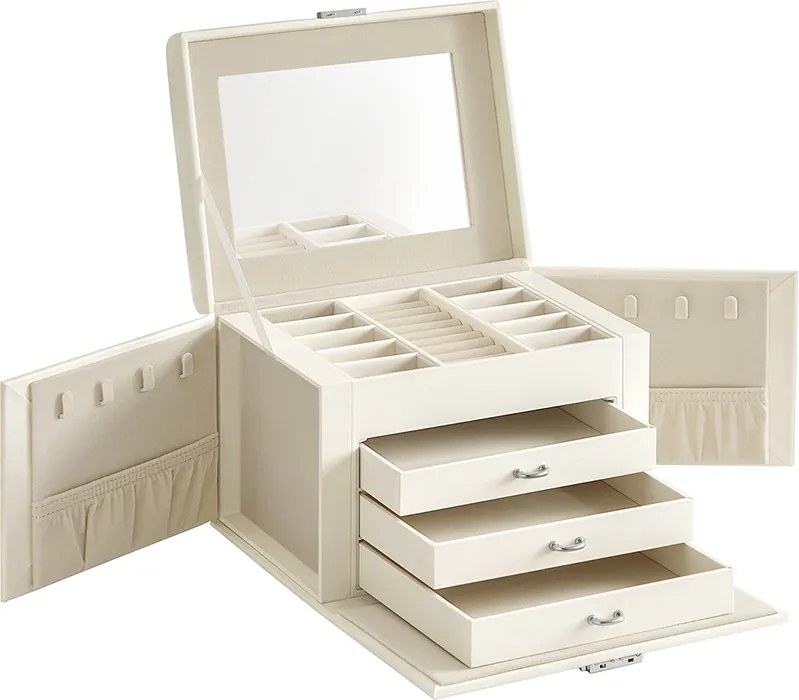 Caixa para joias de 4 níveis 17,5 x 22,5 x 16,5 cm com pega e espelho Branco creme
