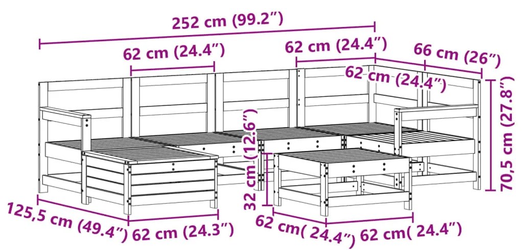 7 pcs conjunto de sofás para jardim madeira de pinho maciça