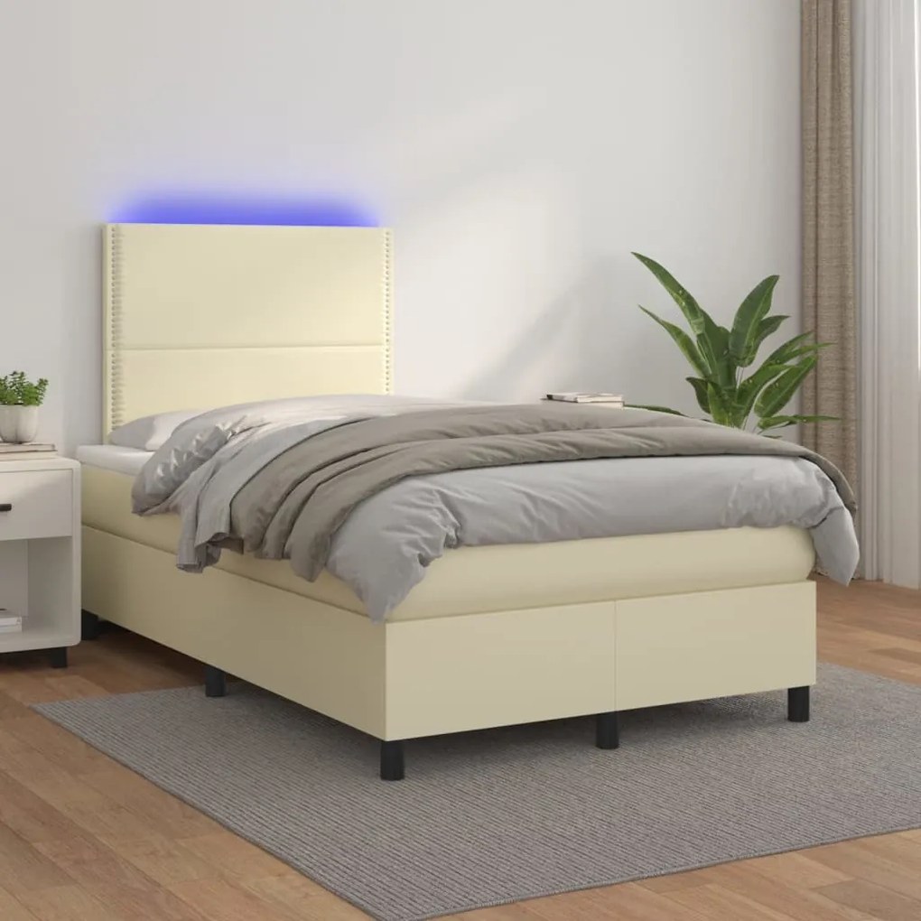 vidaXL Cama box spring c/ colchão/LED 120x200cm couro artificial creme
