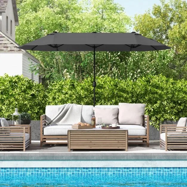 Guarda-sol duplo para jardim com base recarregável, manivela e 12 hastes de alta resistência Cinzento