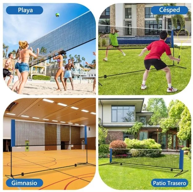 Rede de Badminton 420 cm Portátil Ajustável em Altura com Postes, Bolsa de Transporte e 2 Penas para Interior e Exterior  Azul