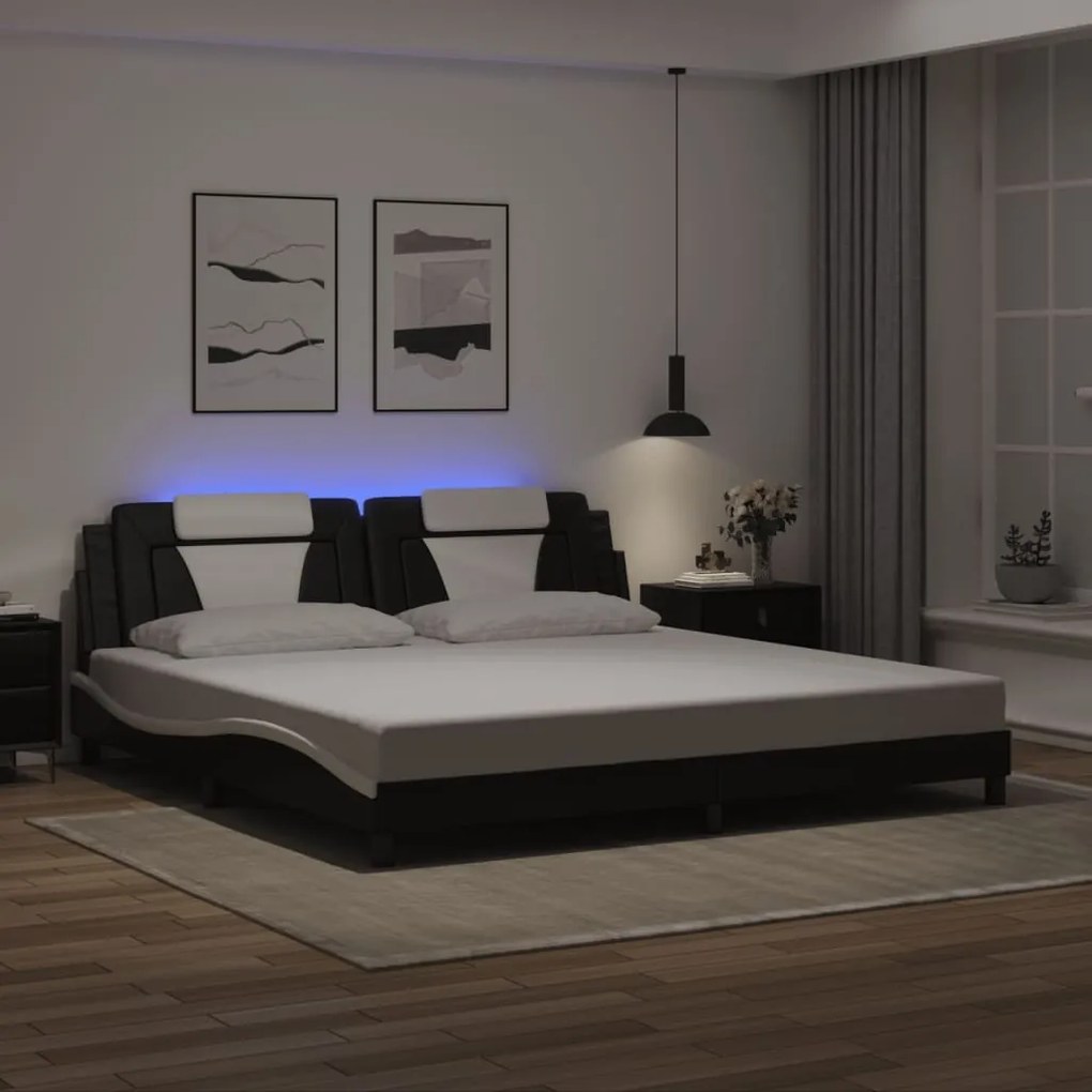 Estrutura cama c/ luz LED 200x200 cm couro artif. preto/branco