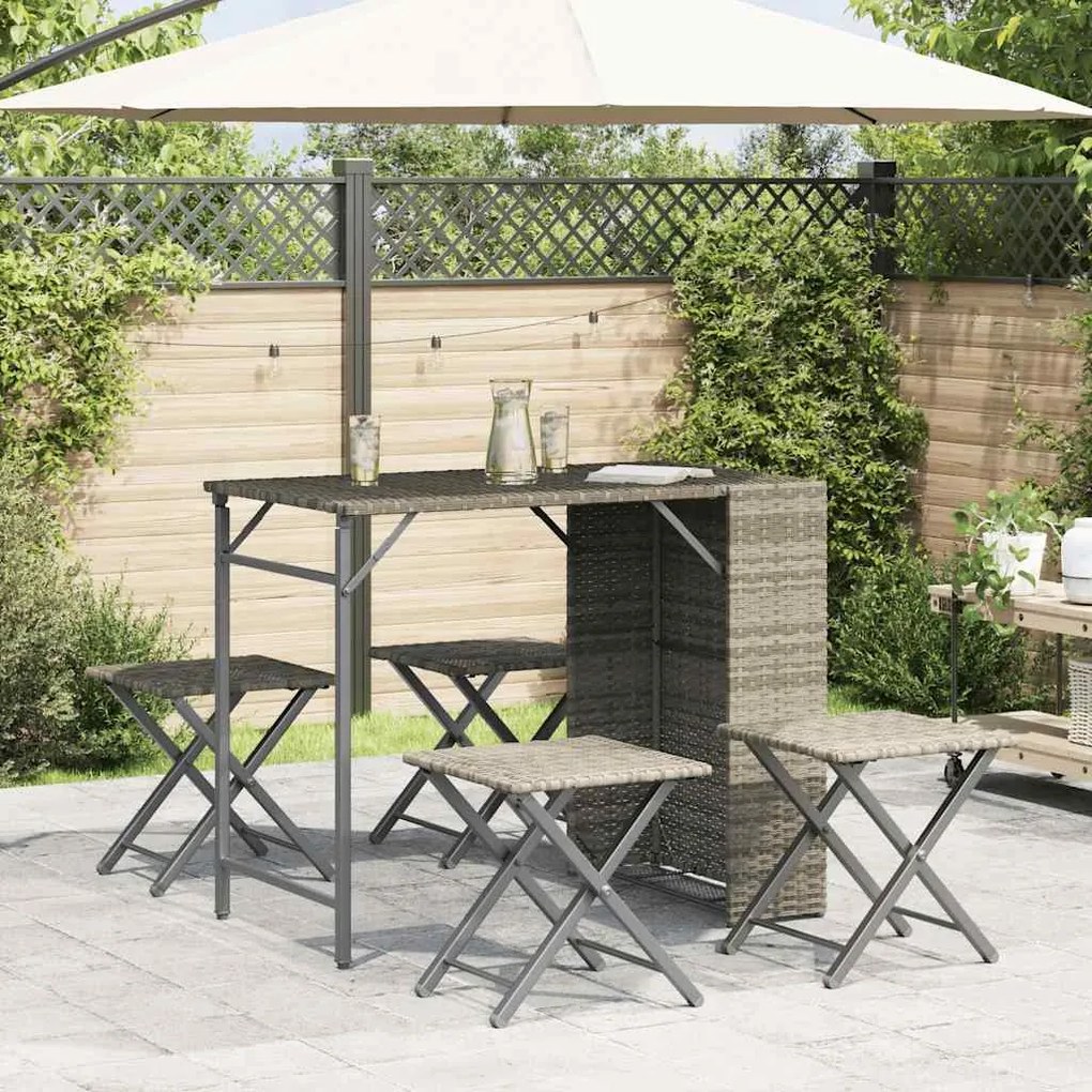 5 pcs conjunto de jantar p/ jardim dobrável vime PE cinza-claro