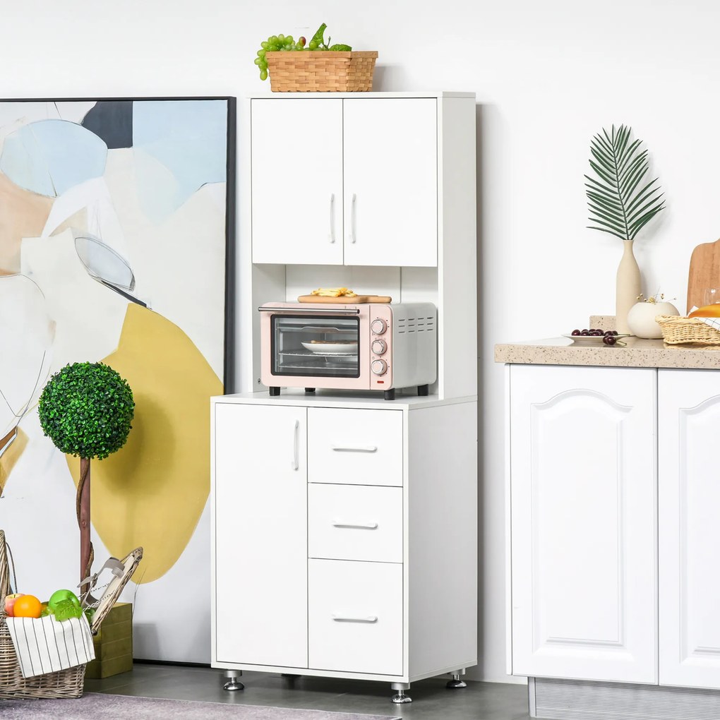 Armário cozinha 60 x 40 x 160 cm, com 3 portas, 3 gavetas e bancada, branco