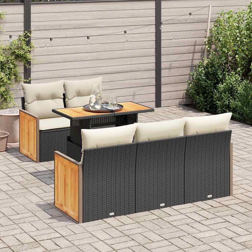 6 pcs conjunto sofás jardim c/ almofadões vime PE/acácia preto
