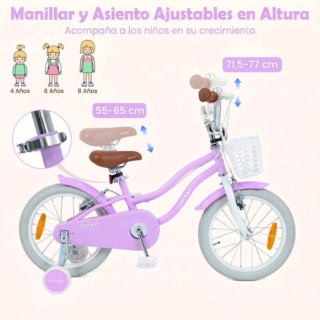 Bicicleta Infantil para Menina 4-7 Anos, 114,5 x 56 x 71,5-77 cm, Rodas de Apoio Removíveis, Roxo