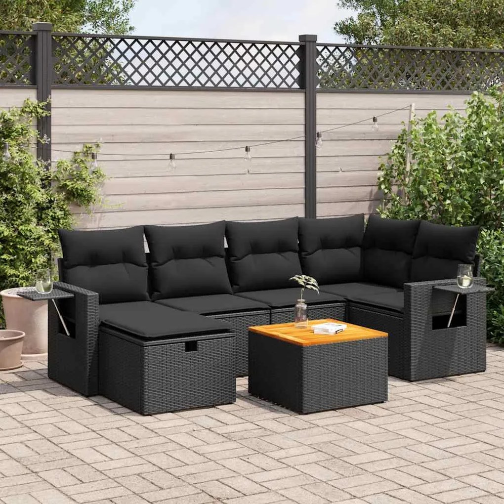 7 pcs conjunto de sofás p/ jardim c/ almofadões vime PE preto