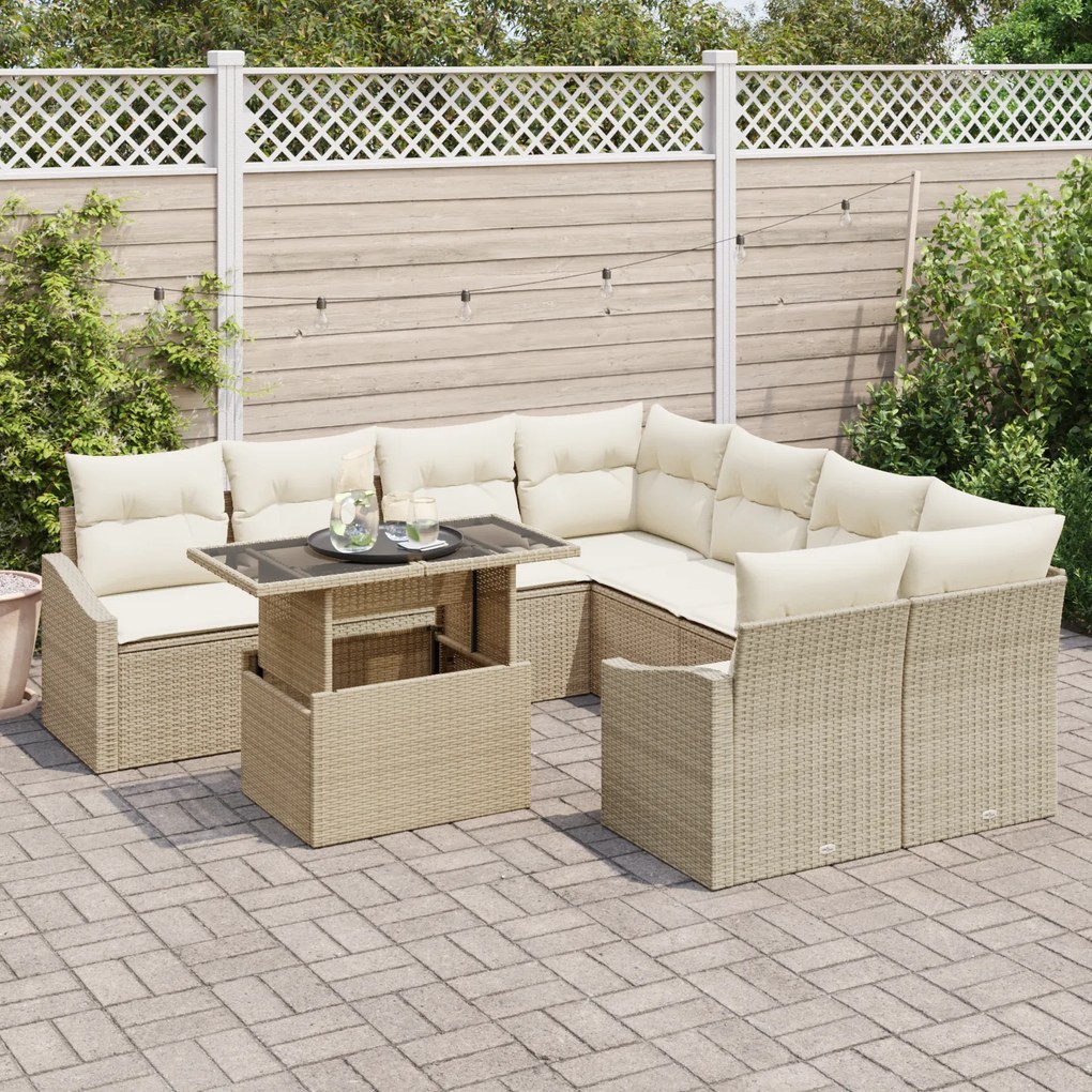 Conjunto de Sofás de Jardim de 9 Peças com Almofadas Bege em Rattan Si