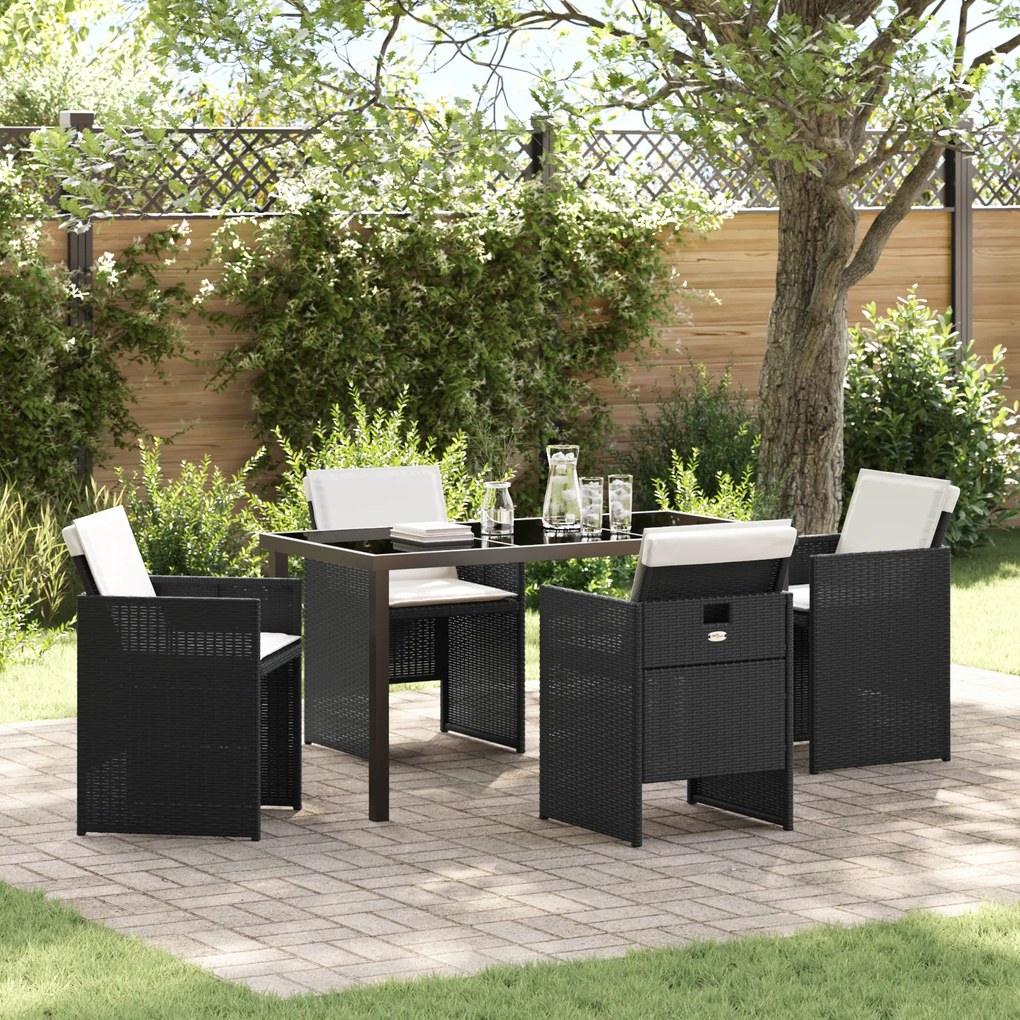 vidaXL Conjunto de Jantar de Jardim de 5 Peças com Almofadas Preto Vime Poliéster