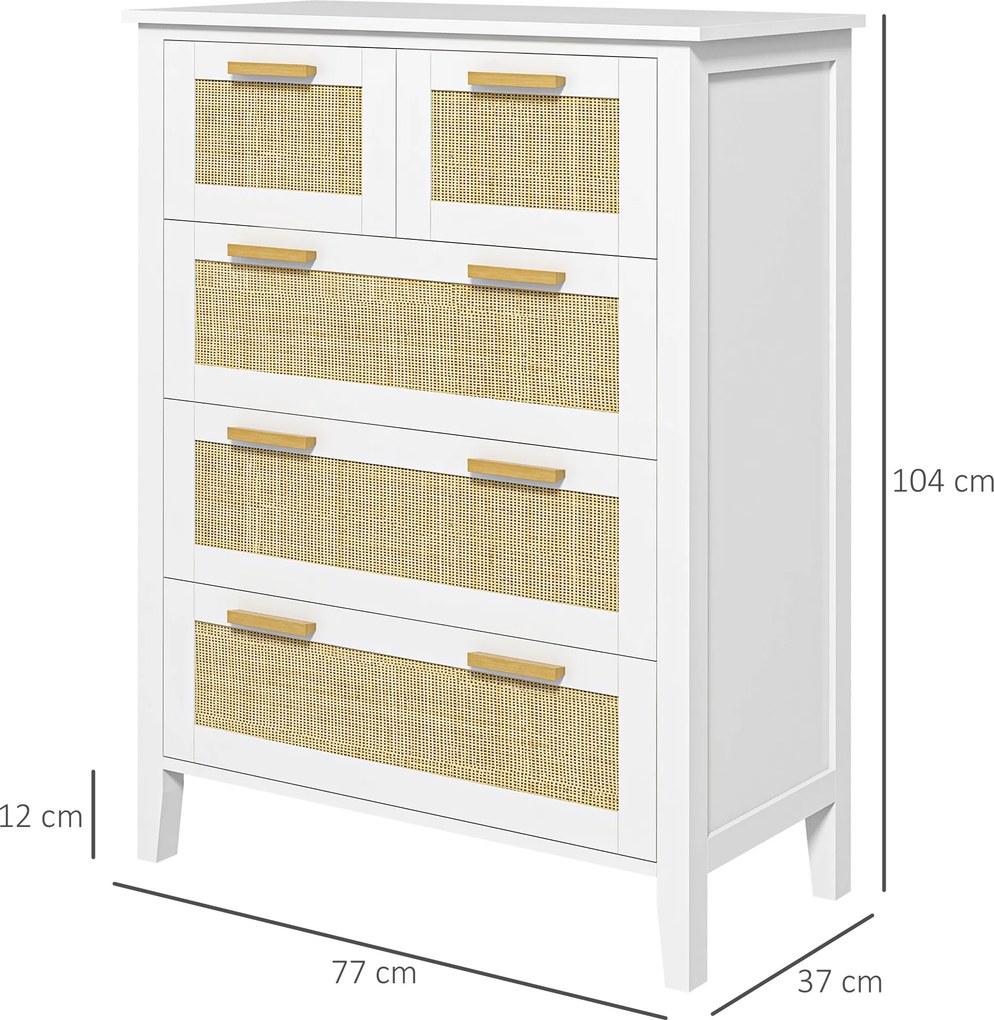 Cómoda com 5 gavetas, puxadores em madeira maciça e corrediças metálicas, para escritório, sala de estar ou quarto, 77 x 37 x 104 cm, branca