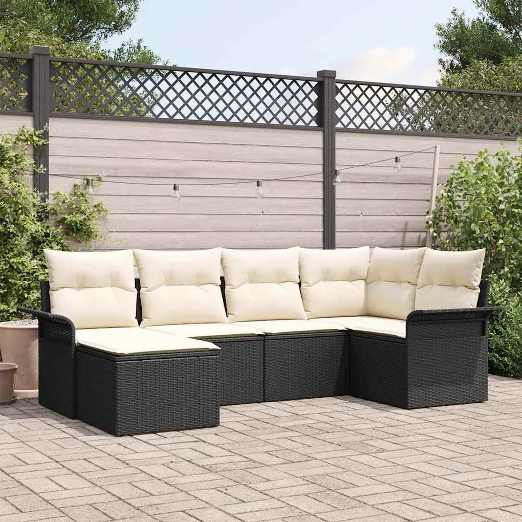 Conjunto de Sofá de Jardim em 6 Peças com Almofadas Preto Rattan PE