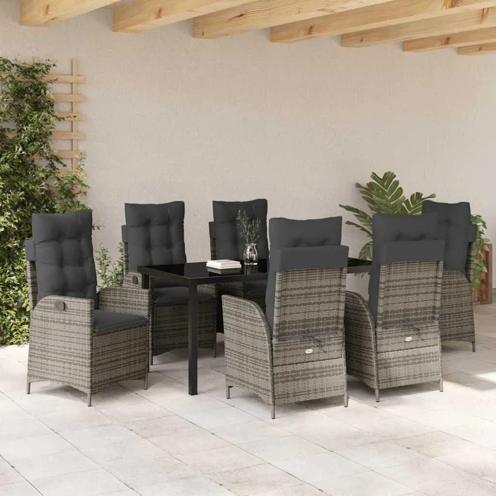Conjunto de jantar de jardim com 7 peças e almofadas cinzas em rattan