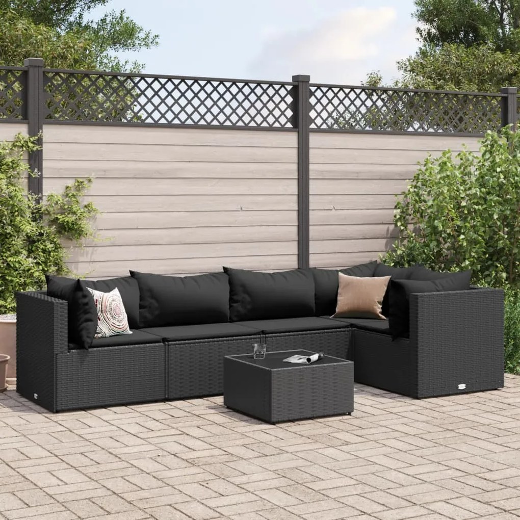 6 pcs conjunto lounge de jardim c/ almofadões vime PE preto