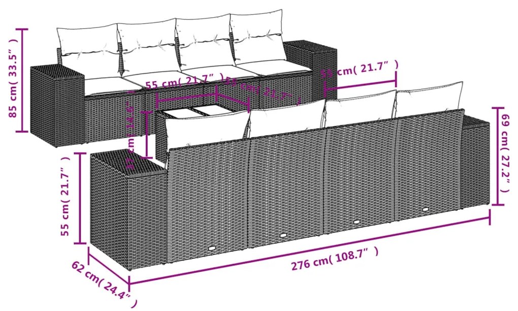 9 pcs conjunto de sofás p/ jardim com almofadões vime PE bege