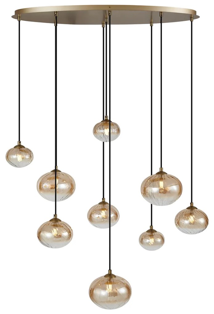 Candeeiro suspenso Art Deco dourado com vidro âmbar 9 luzes - Jia Art Deco