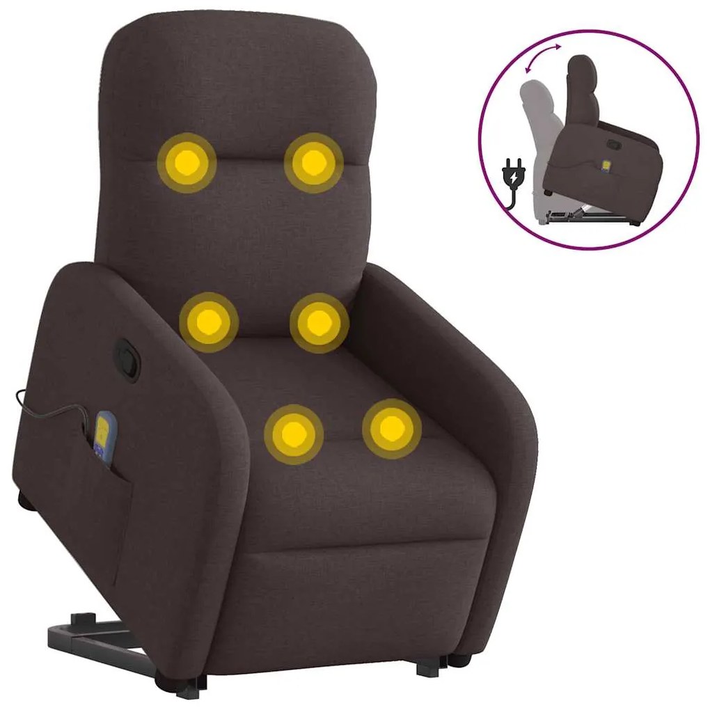 vidaXL Poltrona massagens reclinável elevatória tecido castanho-escuro