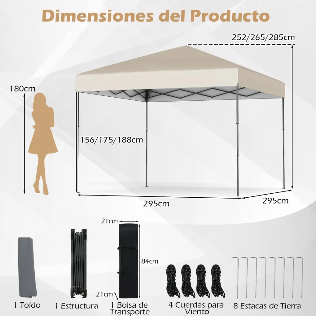 Tenda dobrável com bolsa de transporte e altura ajustável em 3 posições para jardim,festas, eventos 295 x 295 cm bege
