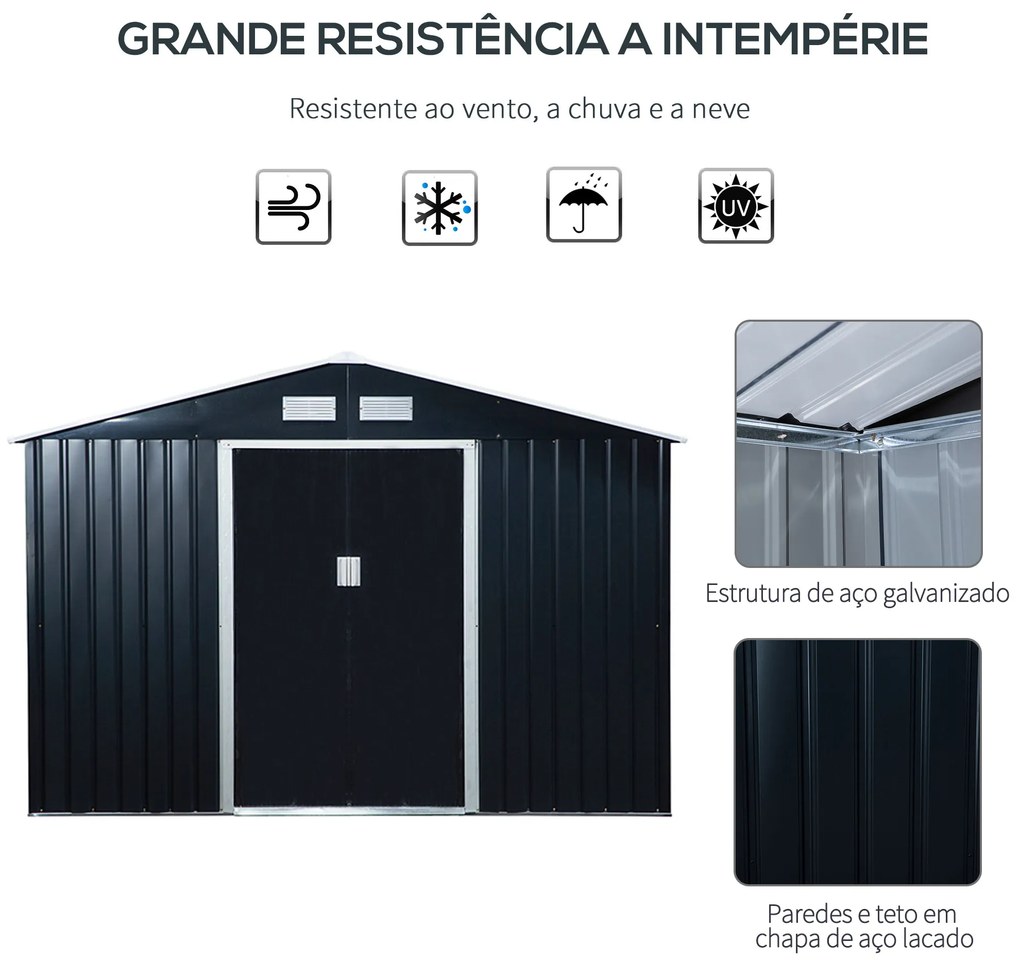 Outsunny Abrigo de Jardim Exterior Abrigo e Jardim Metálico para Armazenamento de Ferramentas com Base Incluída e 4 Janelas 277x195x192cm Cinza Escuro