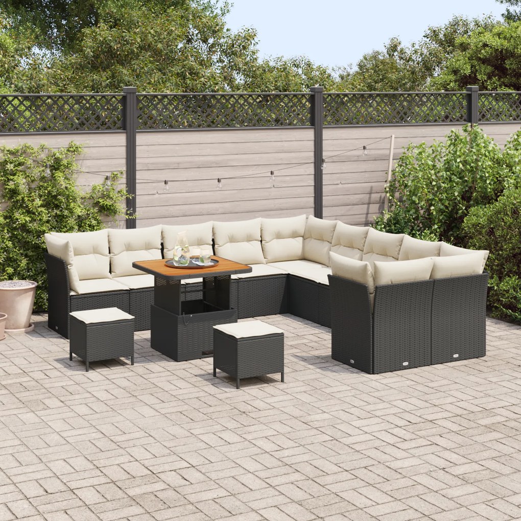 Conjunto de Sofá de Jardim de 13 Peças com Almofadas Preto Rattan Poli