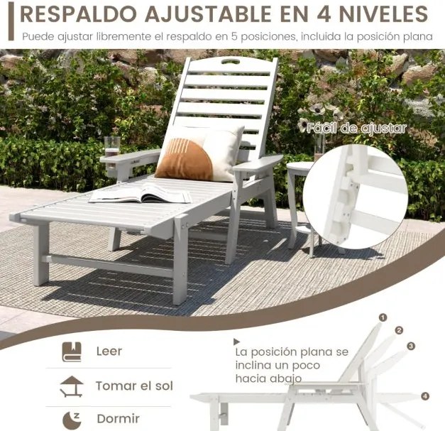 Espreguiçadeira com encosto ajustável em 4 posições, porta-copos e apoios de braços para piscina ou jardim 196-169 x 75 x 31,5-65 cm branca
