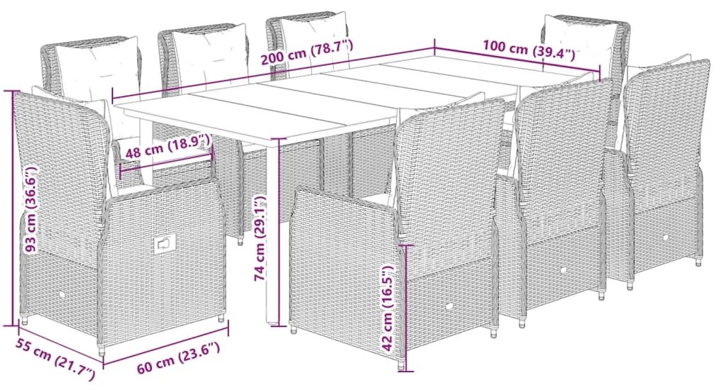 9 pcs conjunto de jantar p/ jardim com almofadões vime PE bege