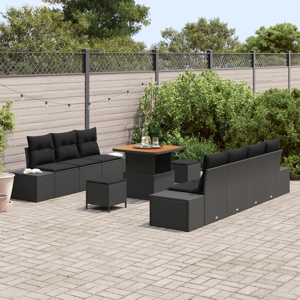 Conjunto de Sofá de Jardim de 10 Peças com Almofadas Poly Rattan Preto